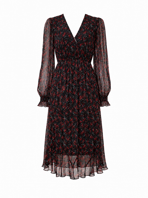 【新品DRESS 148】アンティークフラワー×チュールスリーブフレアミディアムドレス ブラックレッド【PINKO】
